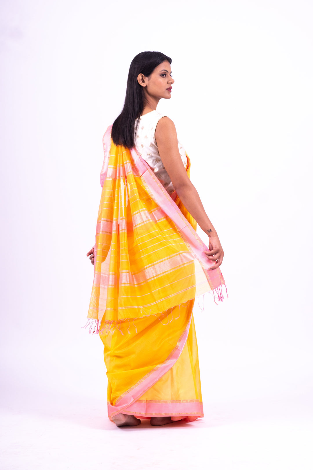 Yellow pink handwoven maheshwari cotton silk saree
