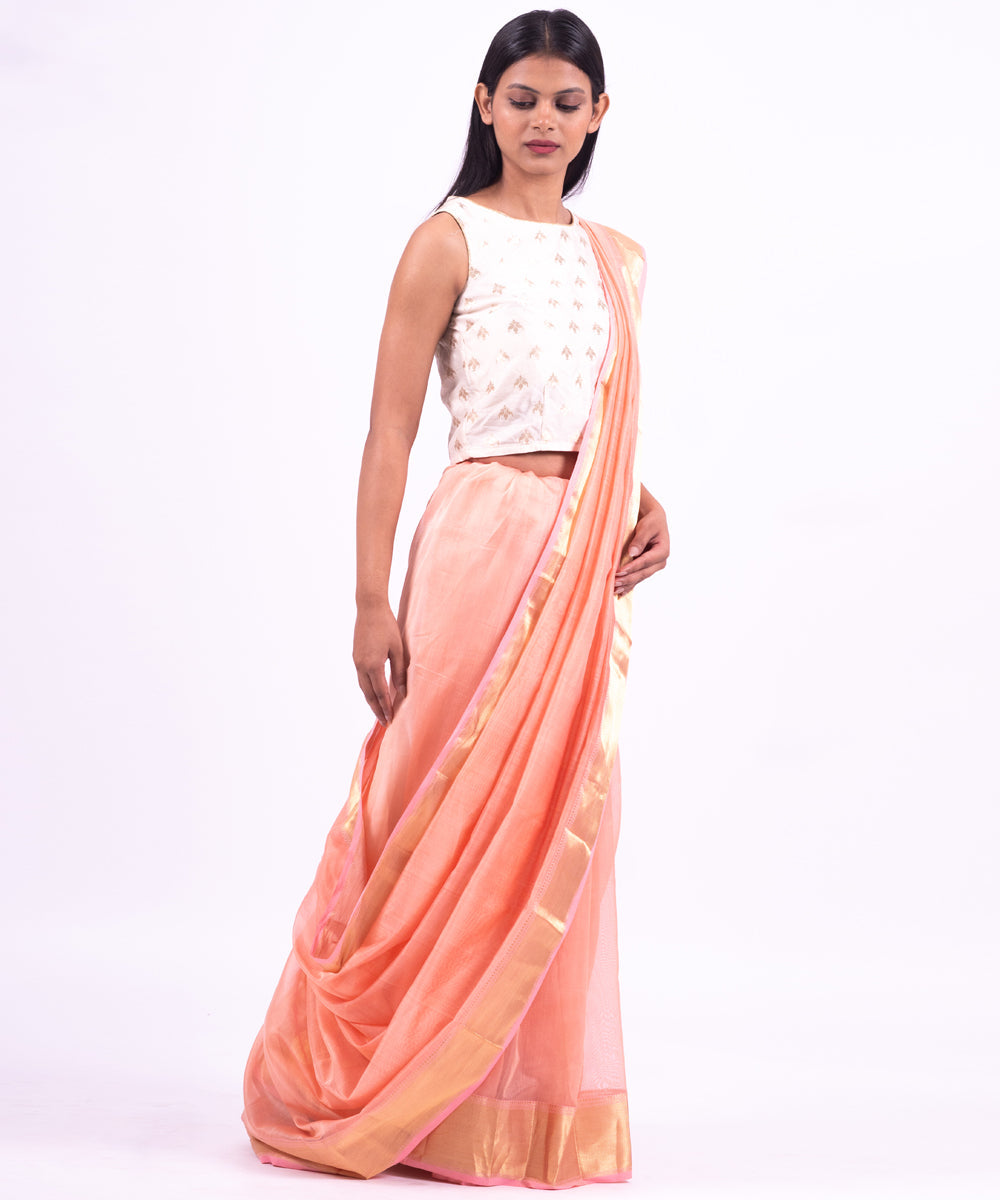 Pink handwoven maheshwari cotton silk saree