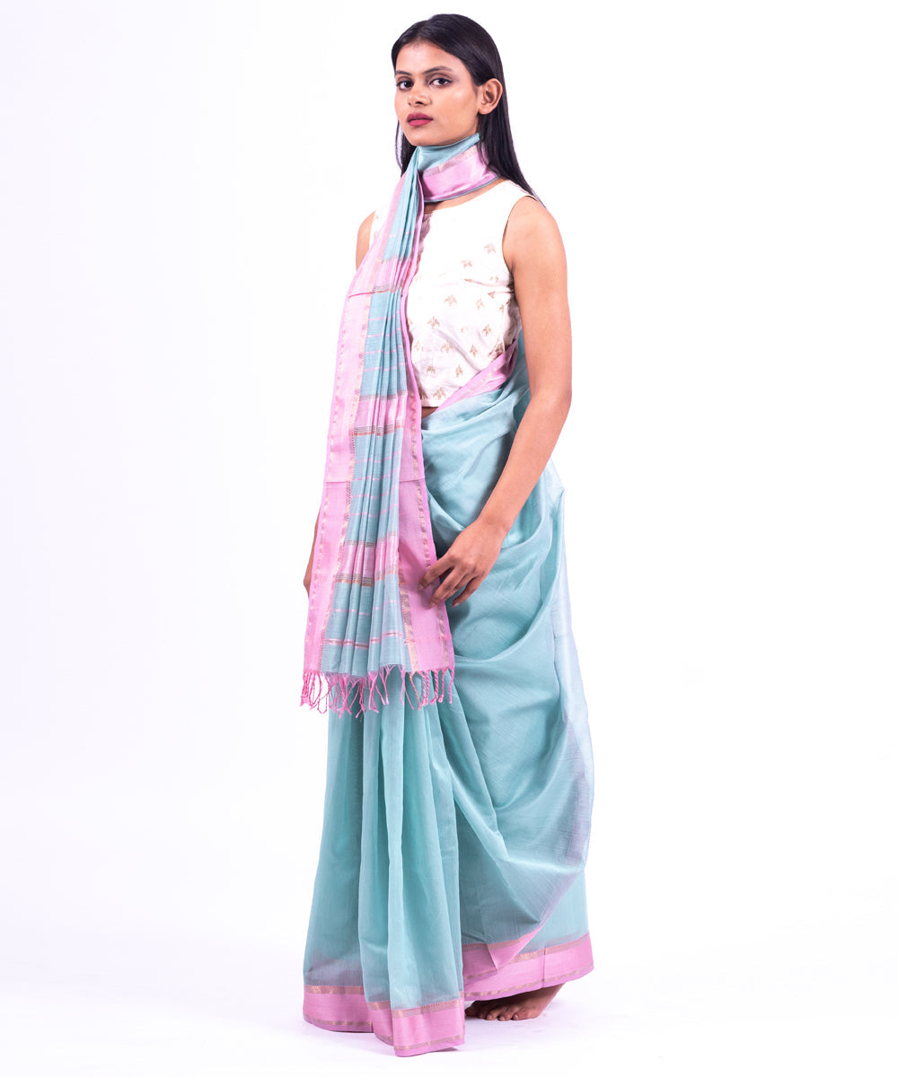 Aqua pink handwoven maheshwari cotton silk saree