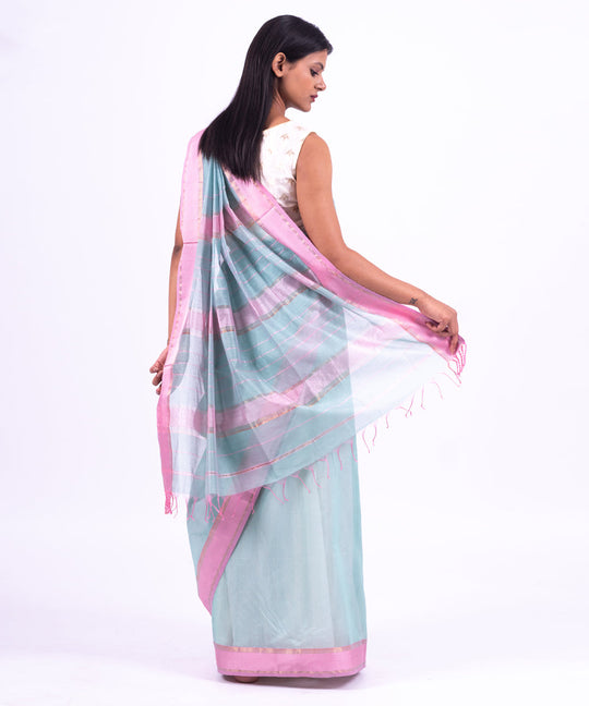Aqua pink handwoven maheshwari cotton silk saree