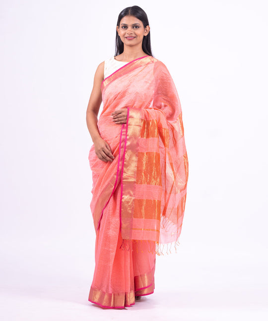 Pink golden handwoven maheshwari cotton silk saree