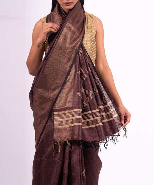Brown handwoven tussar silk saree