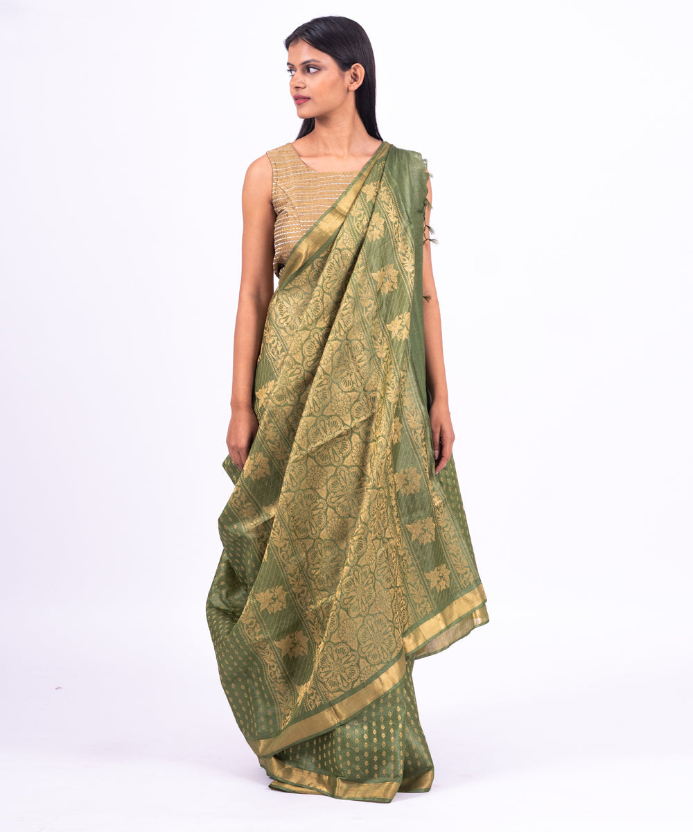 Green handwoven tussar silk saree