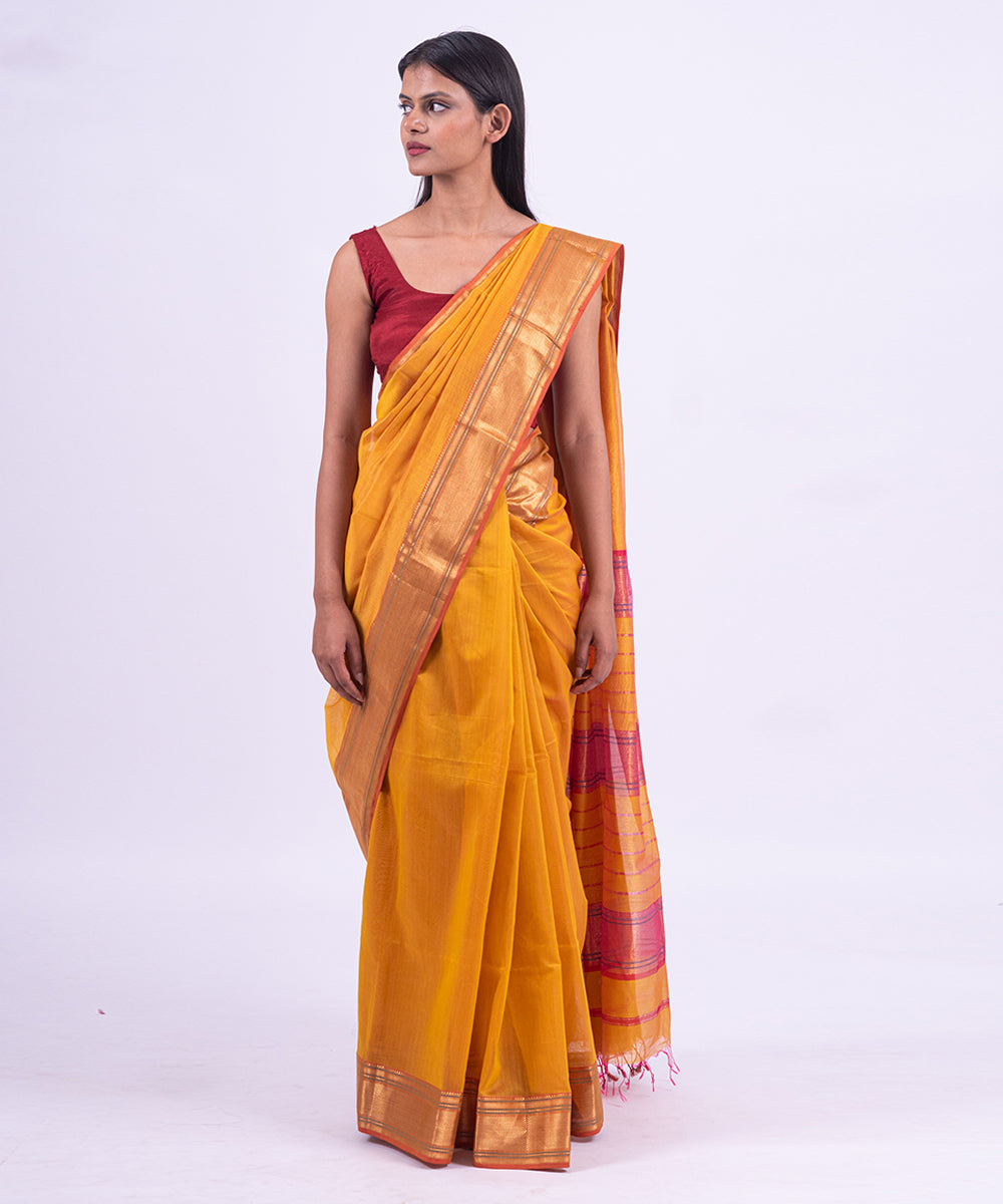 Orange Handloom Printed Maheshwari Silk Cotton Saree - Prasiddhi Silks