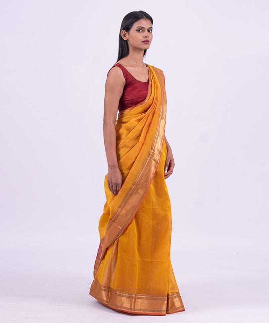 Yellow handwoven maheshwari cotton silk saree
