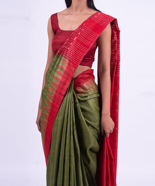 Green red handwoven tussar silk saree