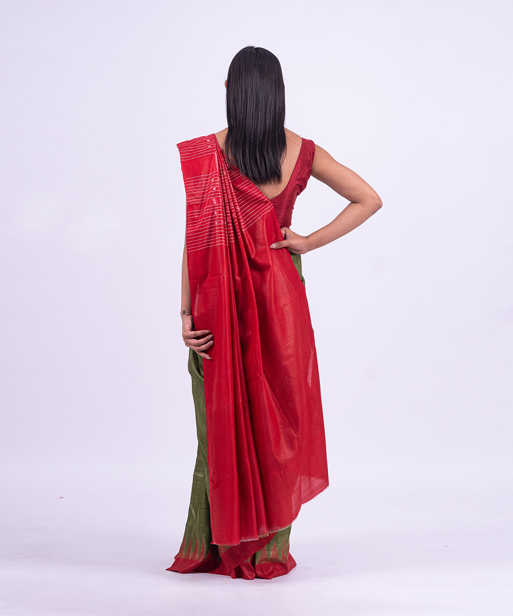 Green red handwoven tussar silk saree