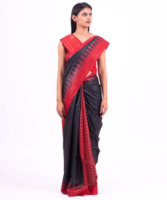 Black red handwoven tussar silk saree