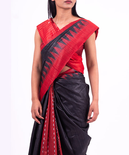 Black red handwoven tussar silk saree