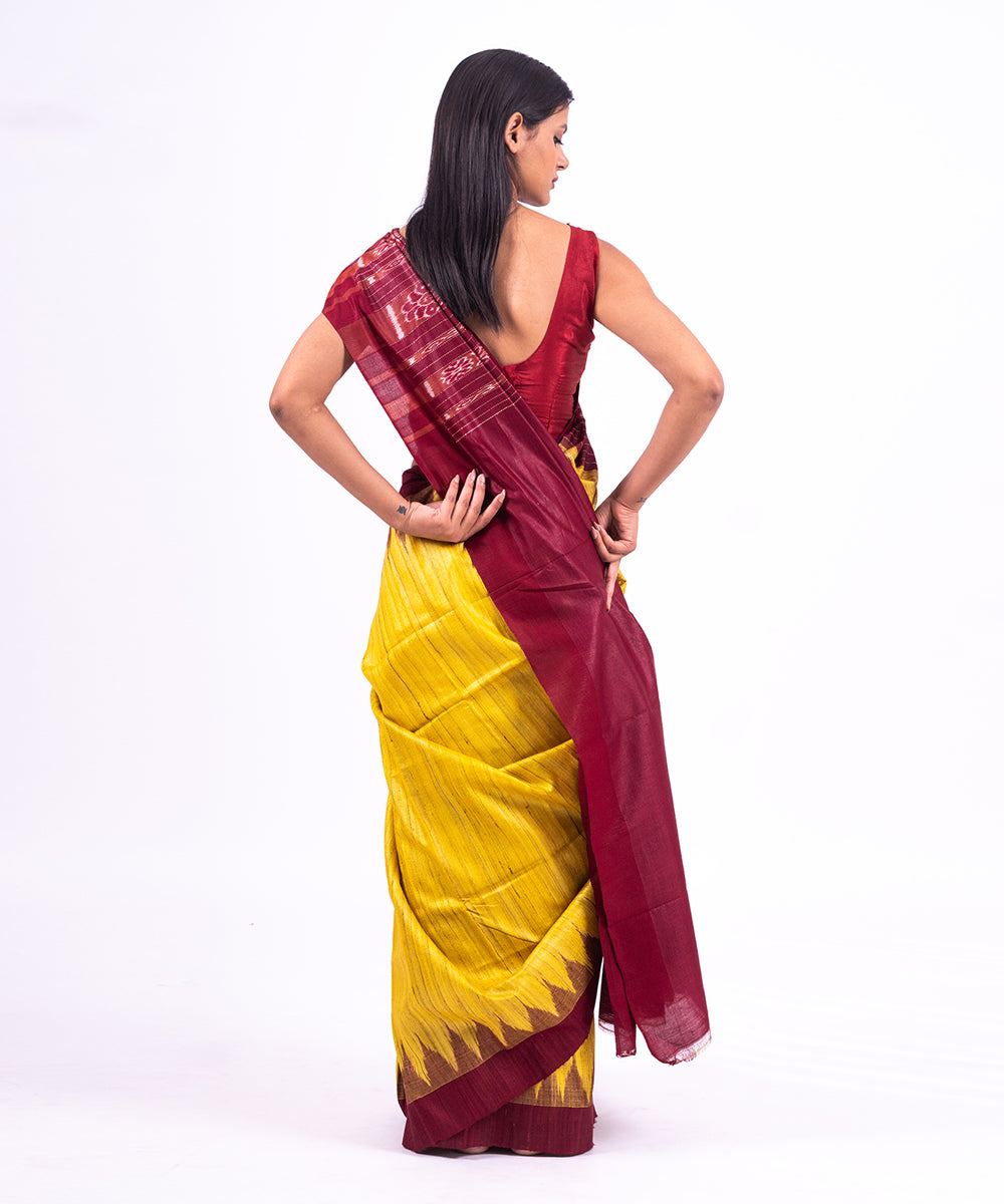 Yellow maroon handwoven tussar silk saree