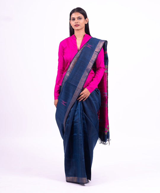 Pink blue handwoven tussar silk saree