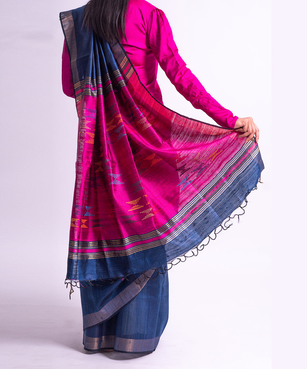 Pink blue handwoven tussar silk saree
