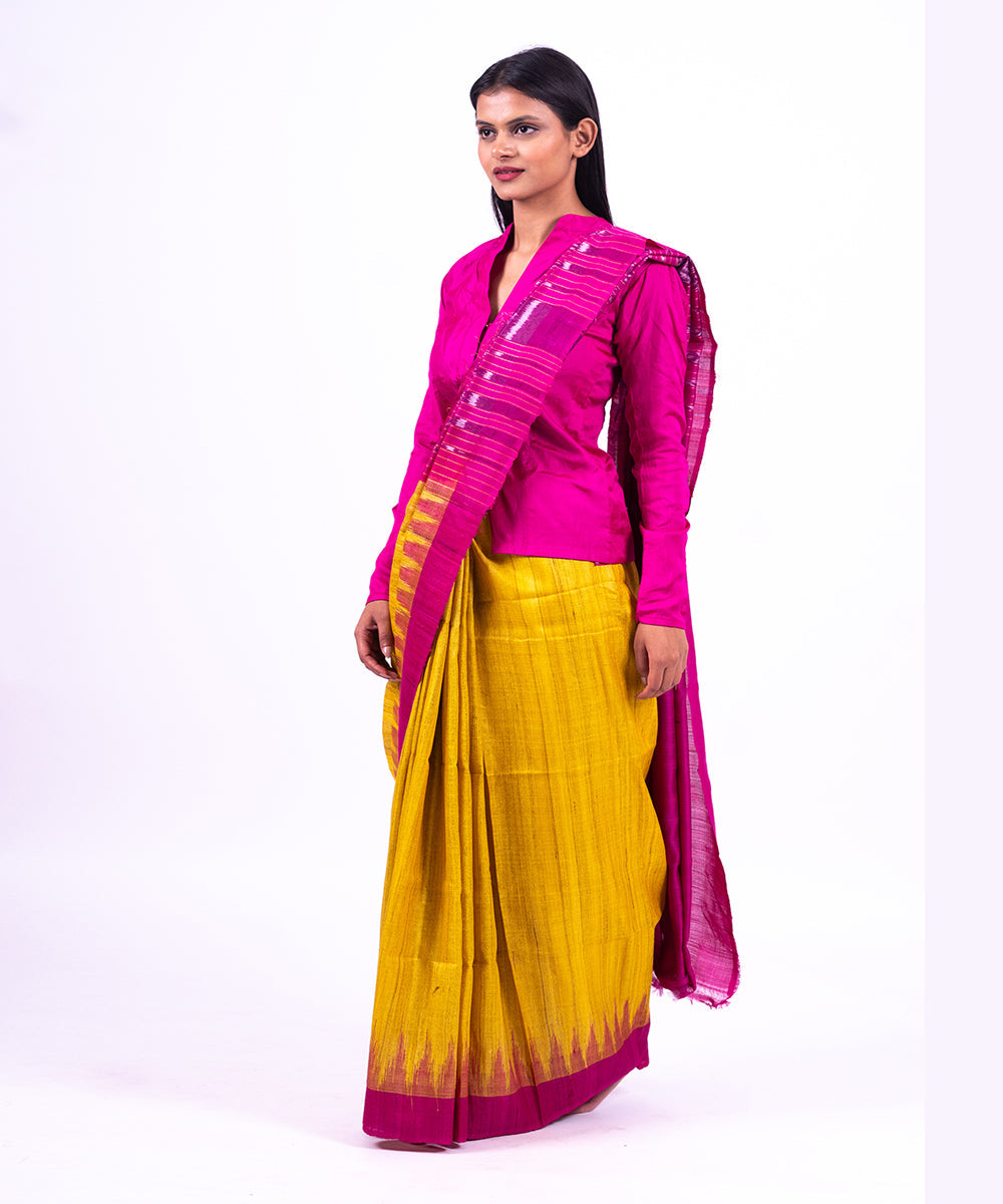 Yellow pink handwoven tussar silk saree