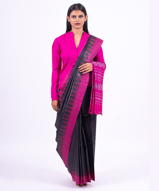 Black pink handwoven tussar silk saree