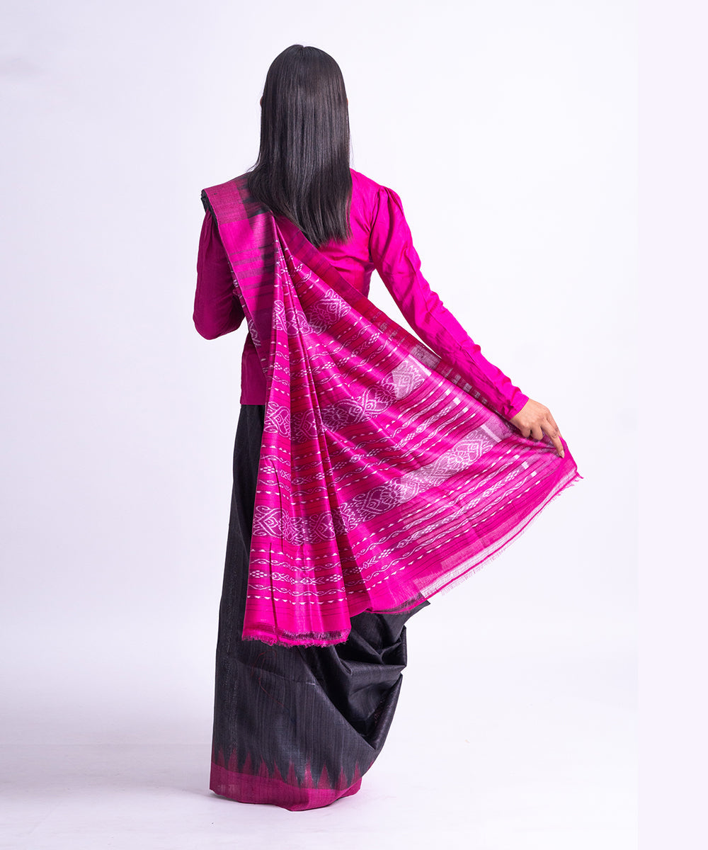 Black pink handwoven tussar silk saree