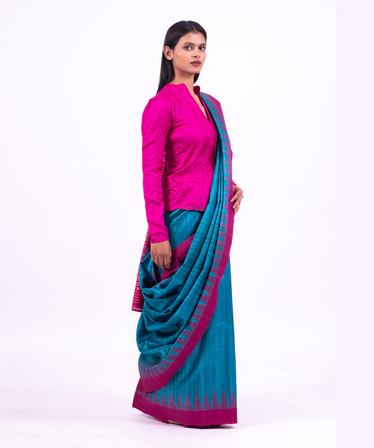 Blue pink handwoven tussar silk saree