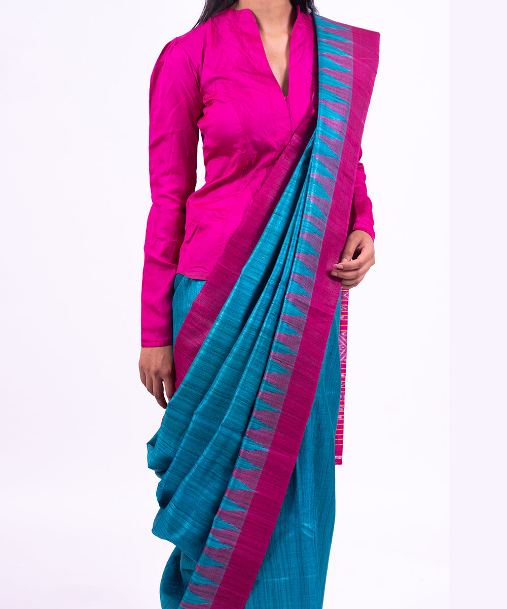 Blue pink handwoven tussar silk saree