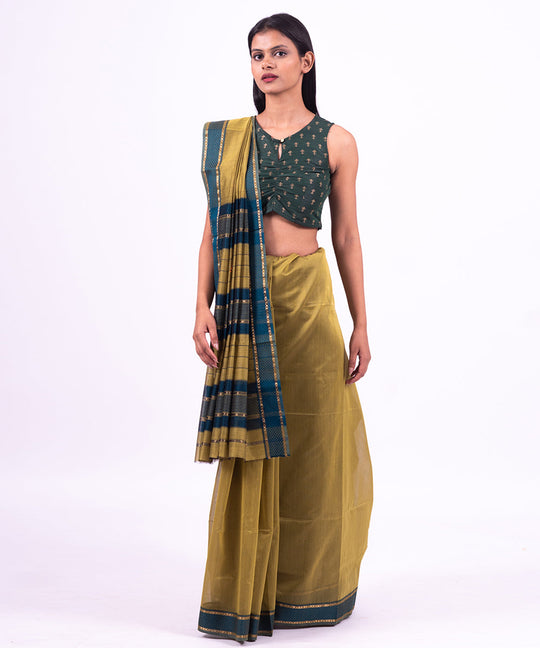 Green handwoven maheshwari cotton silk saree