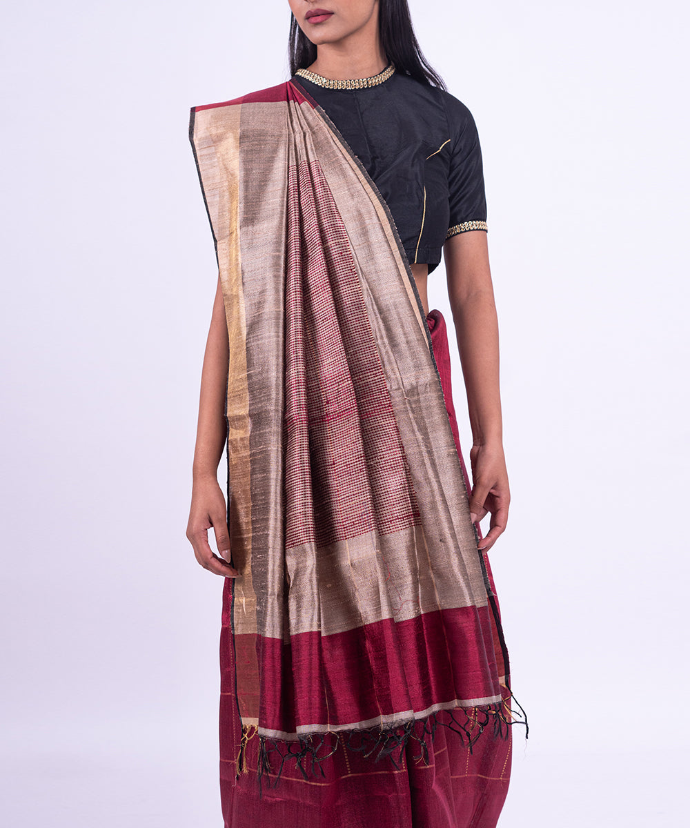 Maroon handwoven tussar silk saree