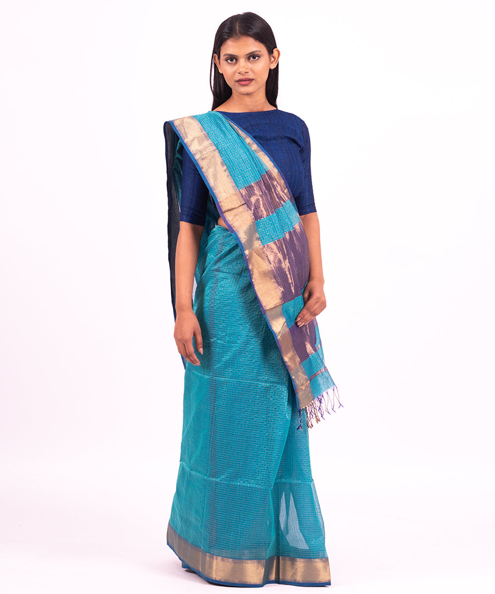 Blue handwoven maheshwari cotton silk saree