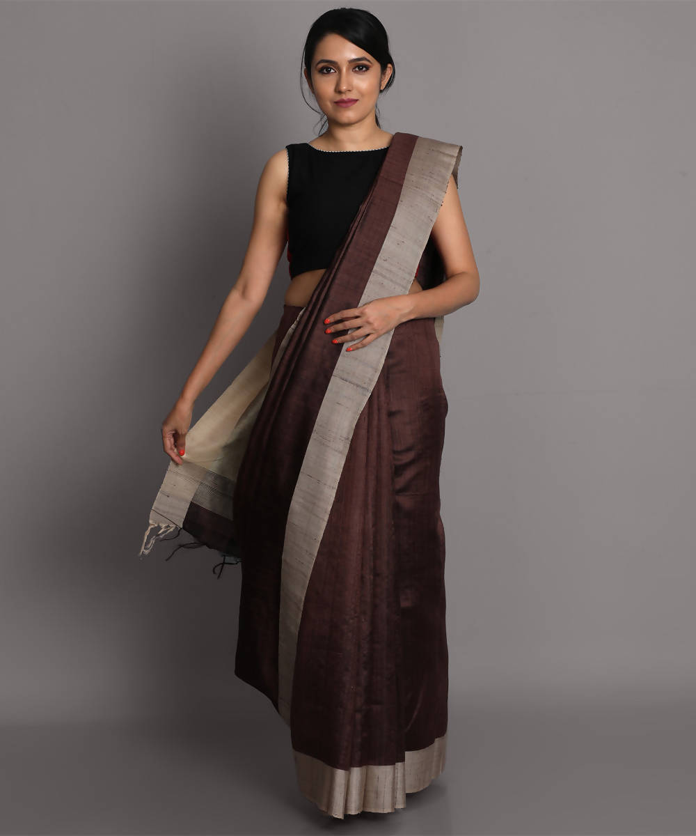 Dark brown handwoven tussar silk saree