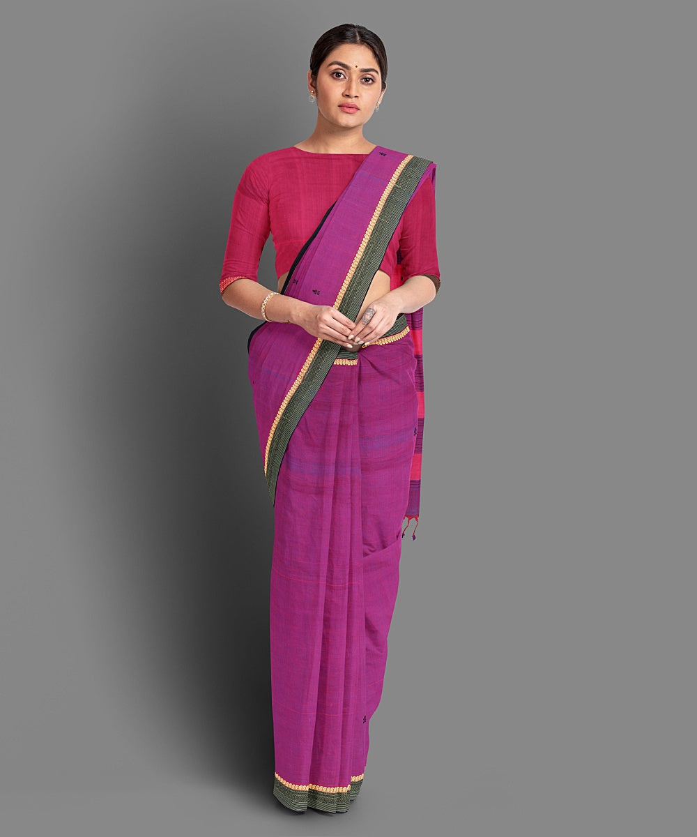 Purple pink handwoven cotton saree