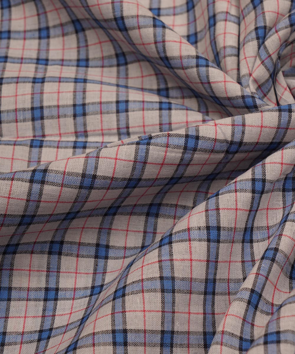 Light grey blue checks handspun handwoven bengal cotton fabric