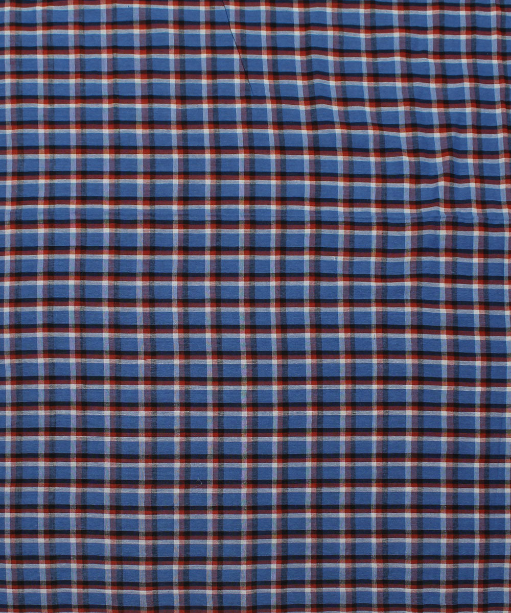 Blue white and brown checks handwoven cotton fabric