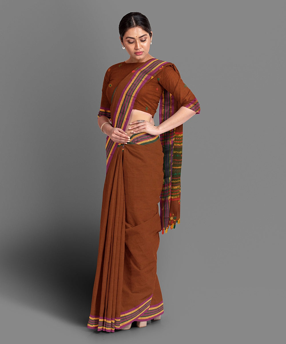 Brown hand lambani embroidery cotton saree