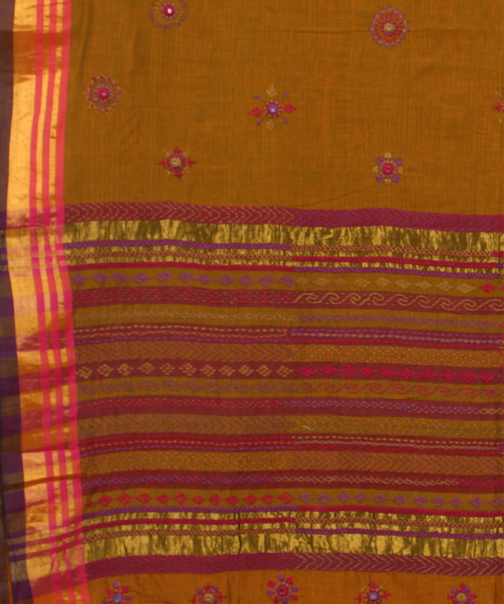 Mustard hand embroidery cotton saree