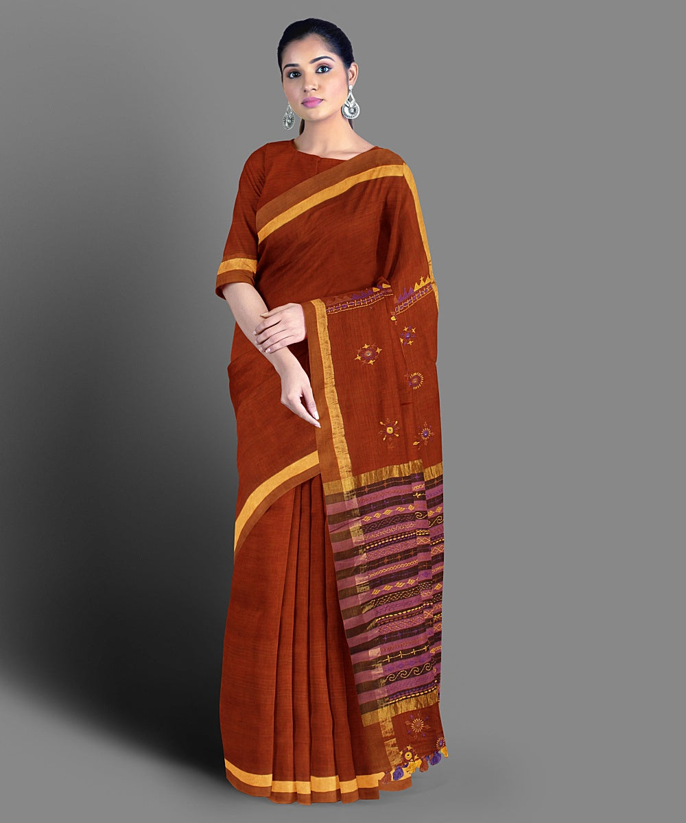 Brown hand embroidery cotton saree
