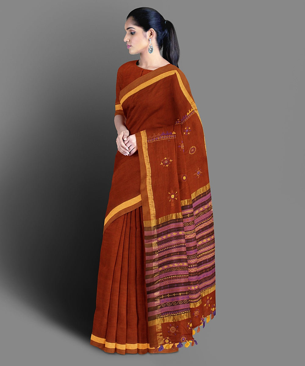 Brown hand embroidery cotton saree