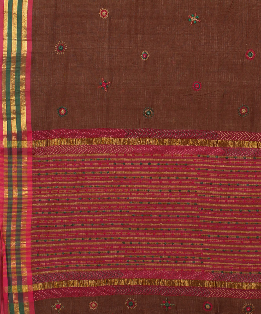 Dark brown hand embroidery cotton saree