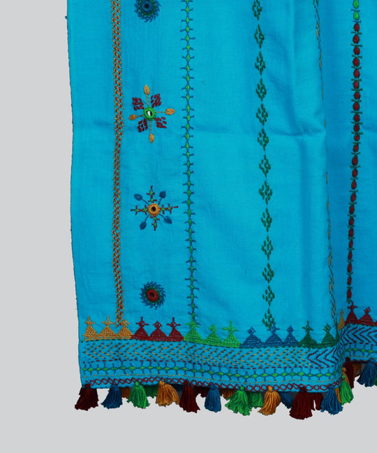 Sky Blue Lambani Hand Embroidery Cotton Stole