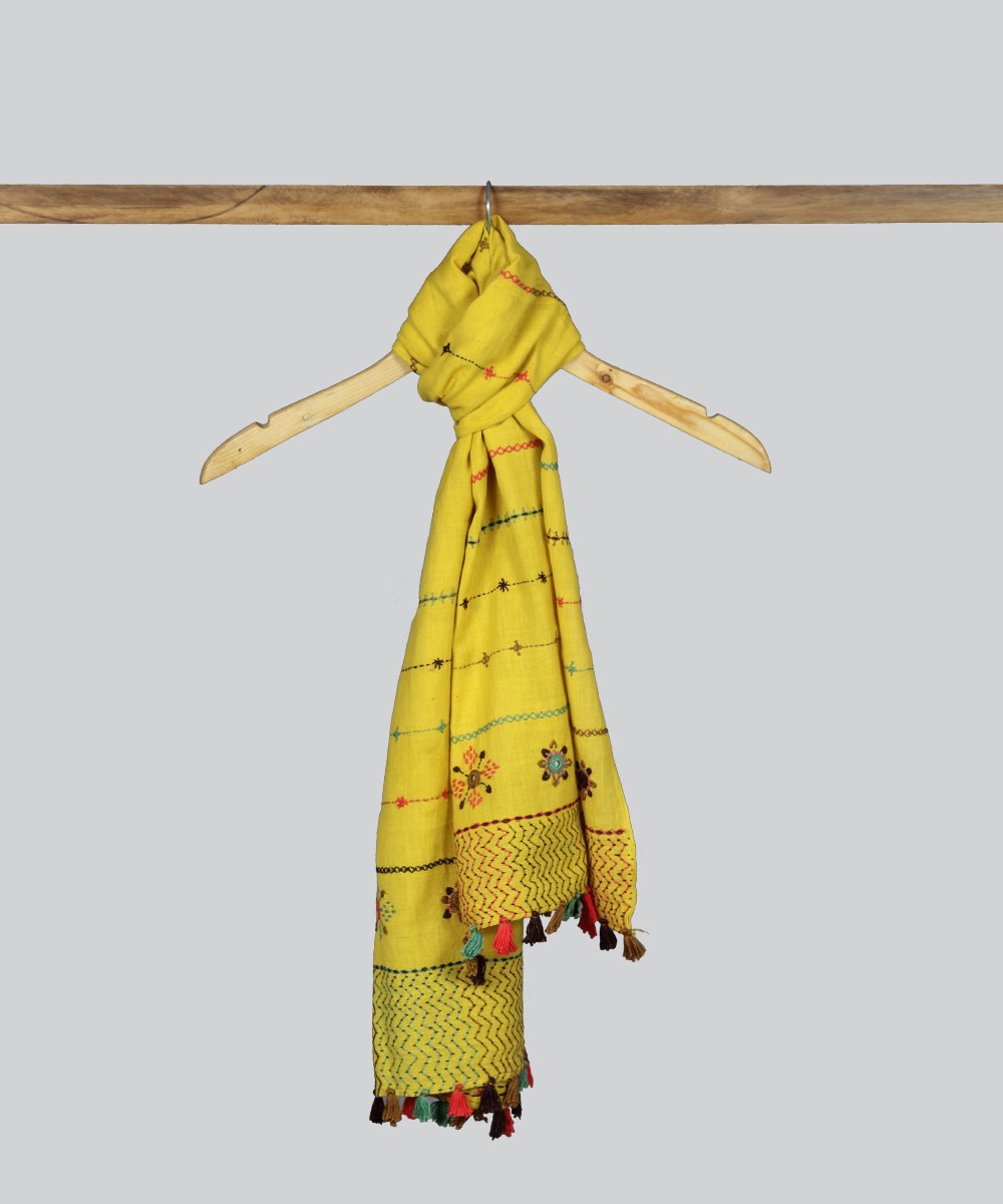 Yellow lambani hand embroidery cotton stole