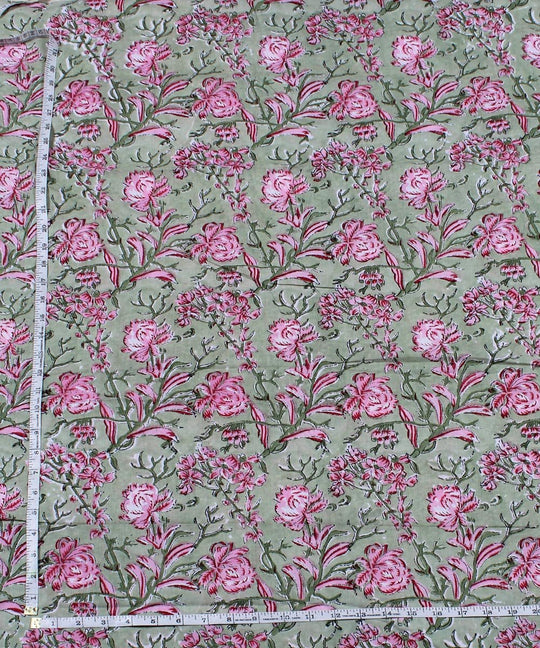 0.45m Green handblock print floral cotton fabric