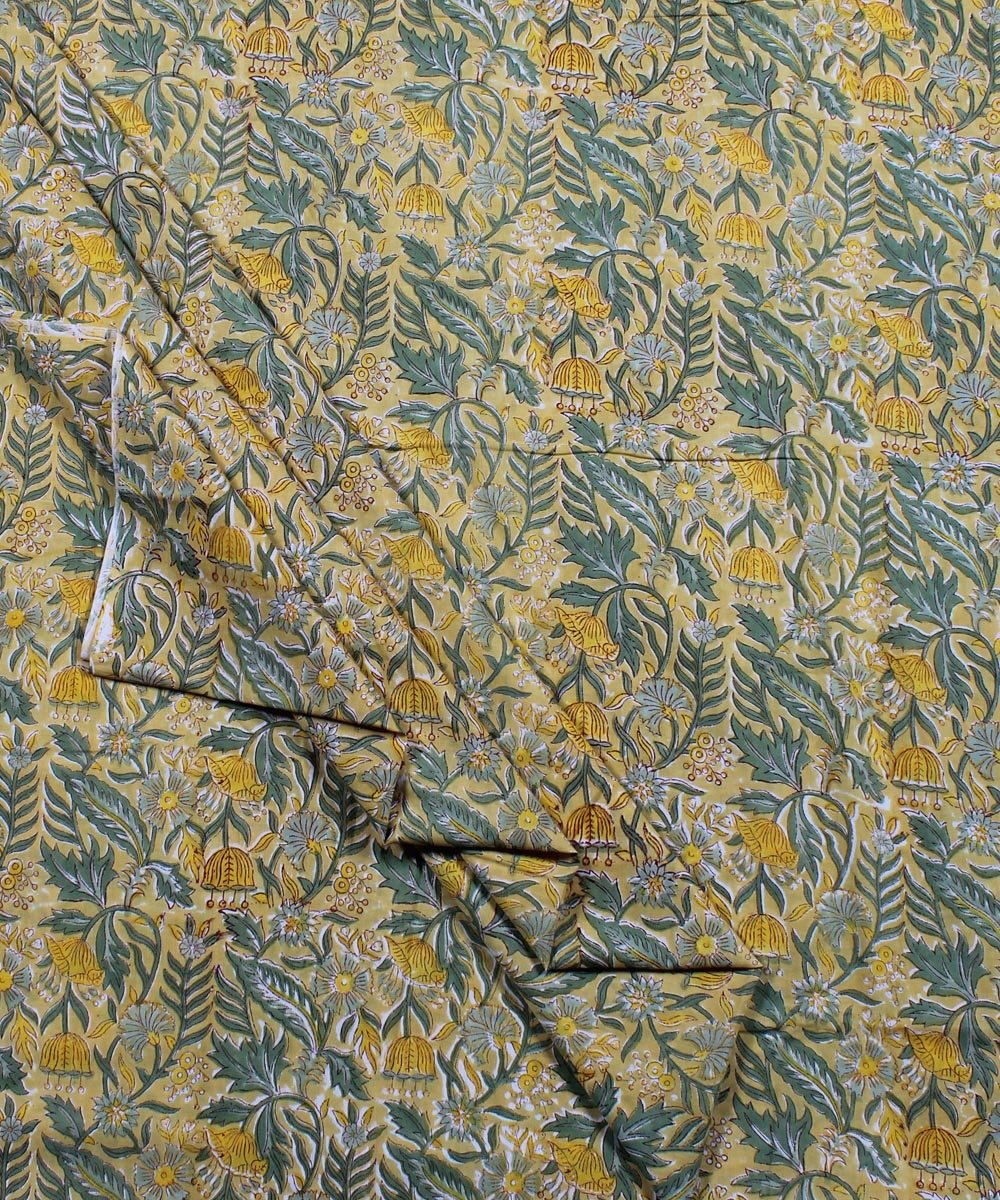 Yellow handblock print floral cotton fabric