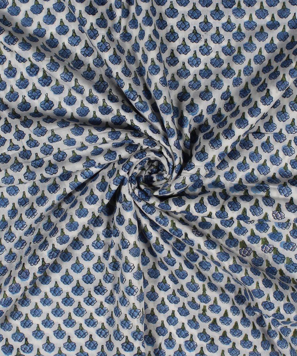 Blue floral handblock printed cotton fabric