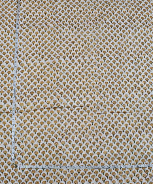 0.53m White block print yellow floral cotton fabric