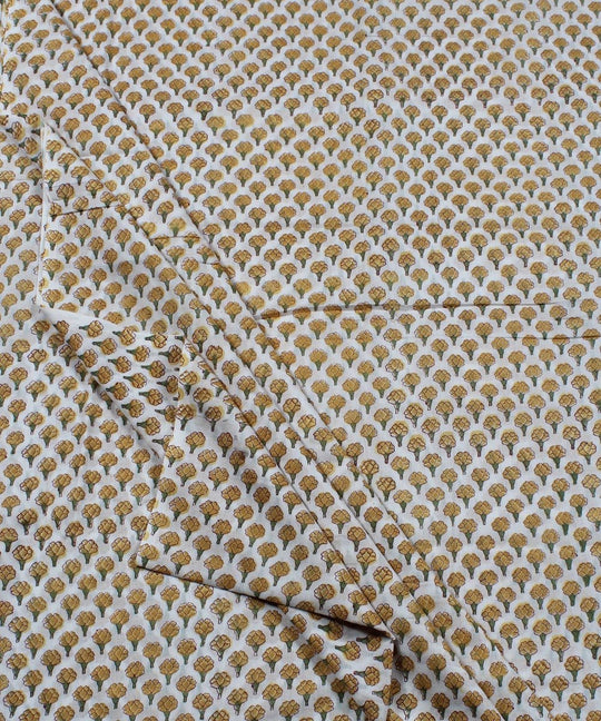 0.53m White block print yellow floral cotton fabric