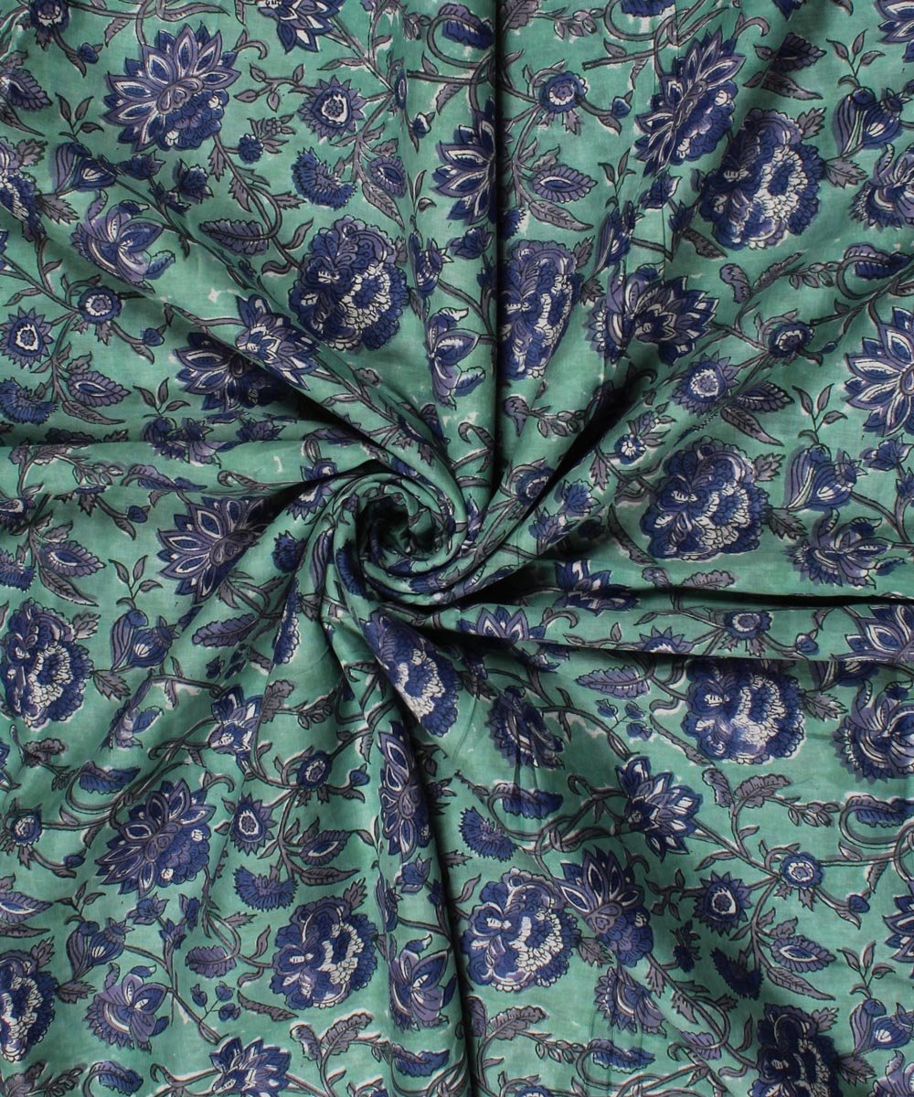 Cyan green handblock print cotton fabric