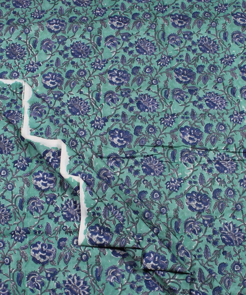Cyan green handblock print cotton fabric