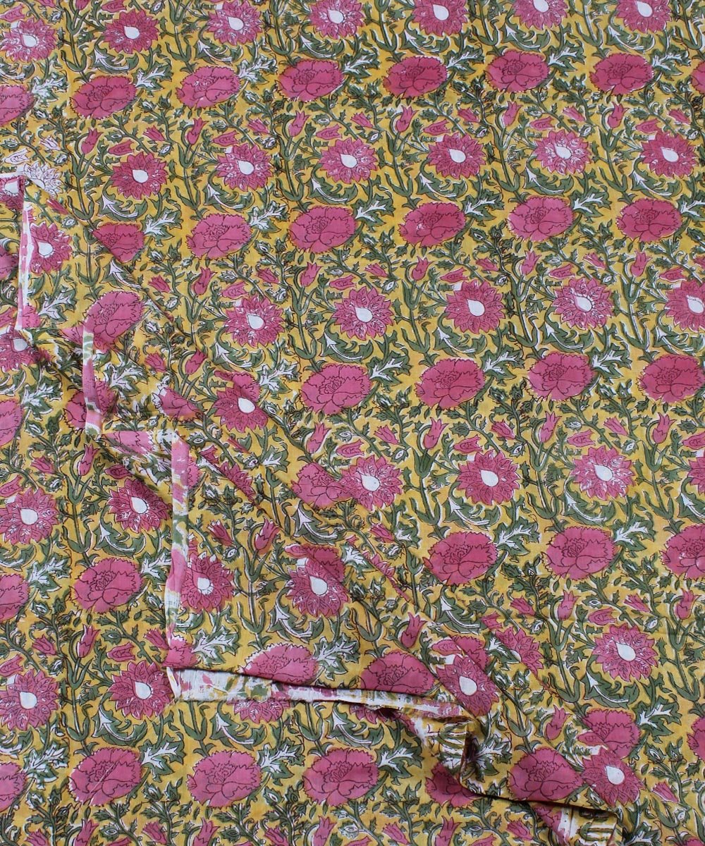 1m Yellow pink handblock print cotton fabric