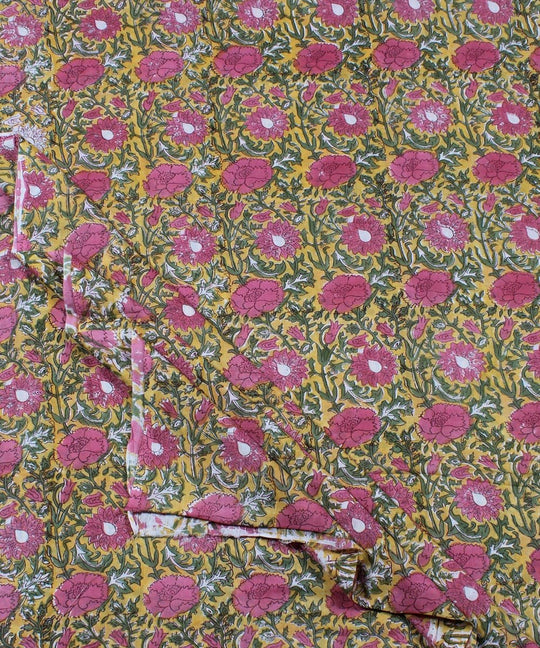 1m Yellow pink handblock print cotton fabric