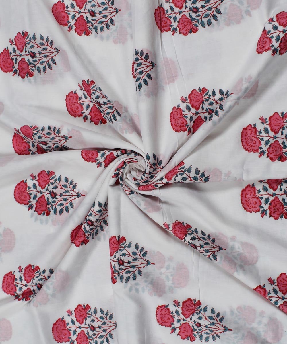 0.48m Pink floral block print white cotton fabric