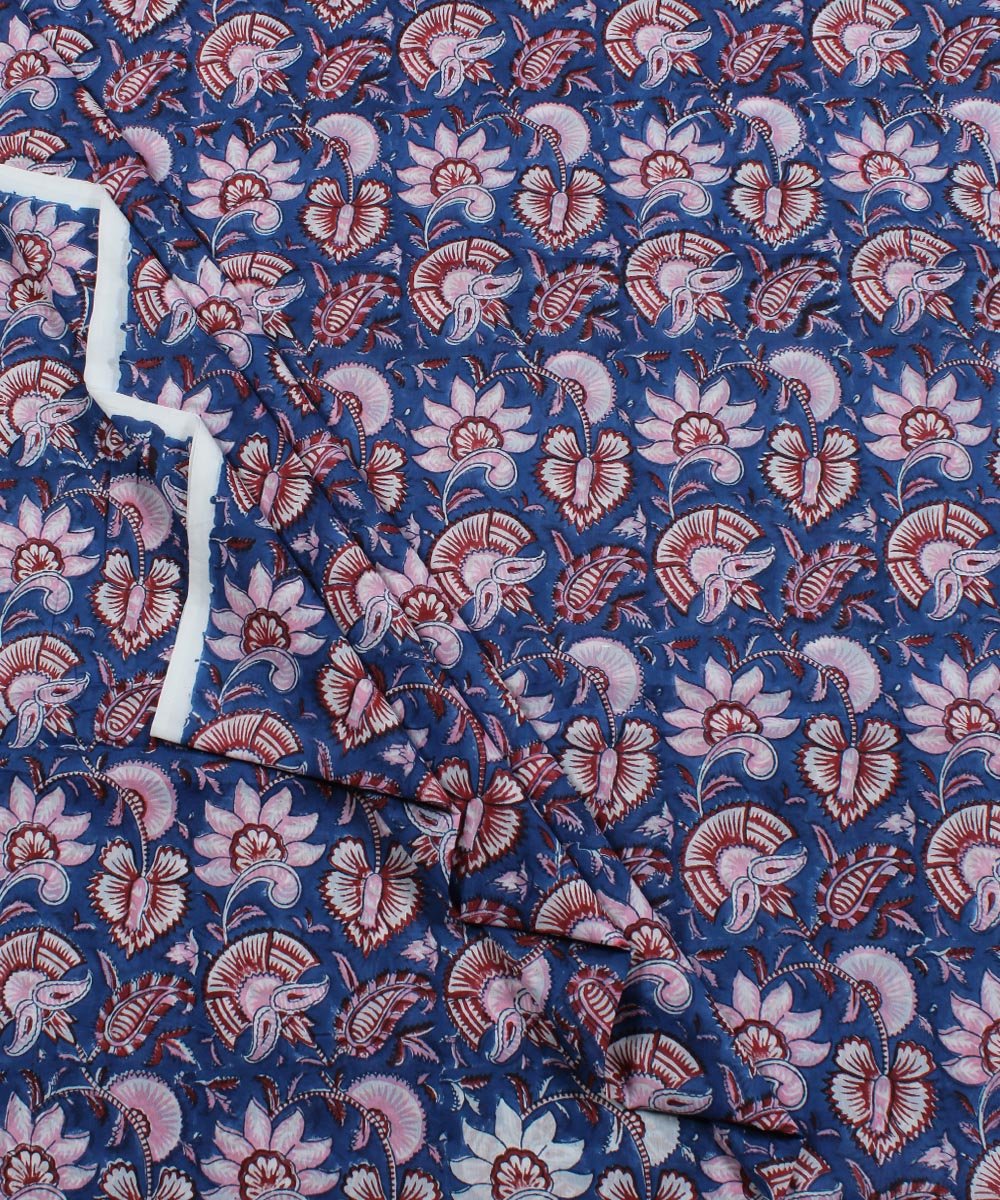 Navy blue floral block print cotton fabric