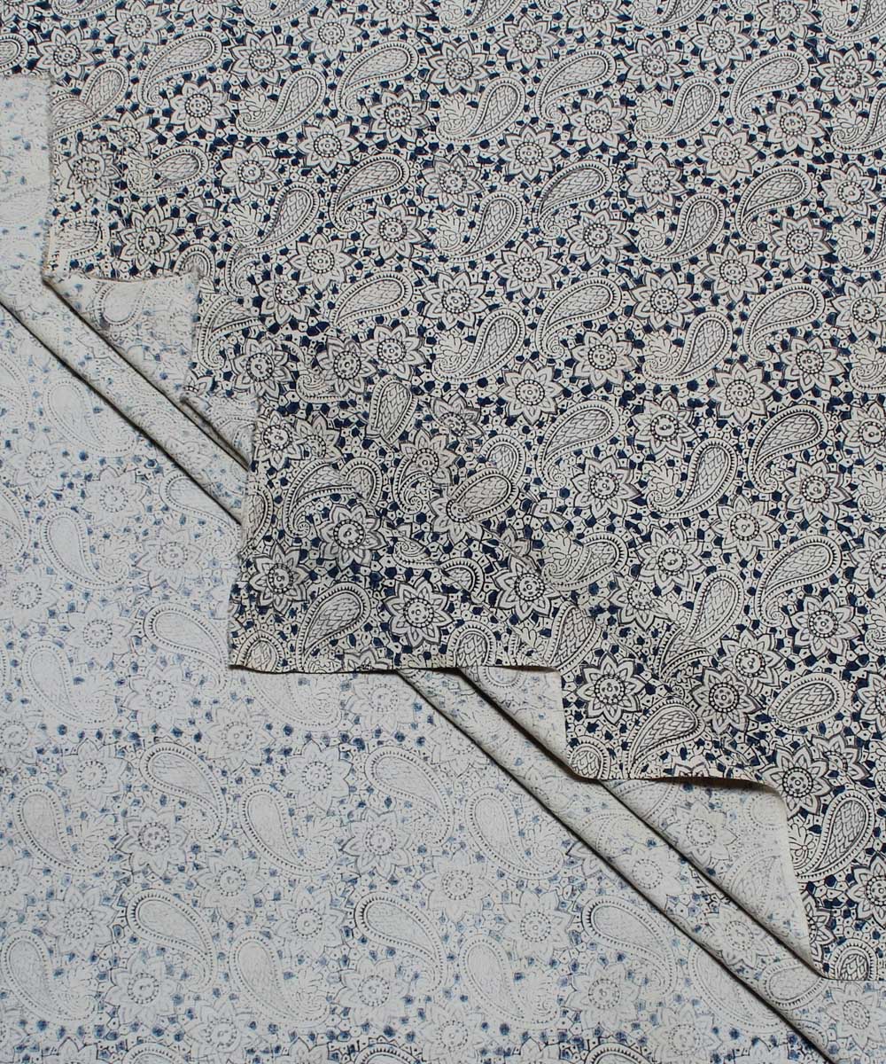 Beige white paisley motif handblock printed cotton kalamkari fabric