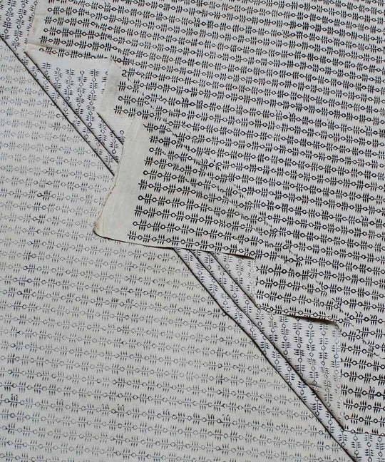 Beige black handblock printed cotton kalamkari fabric