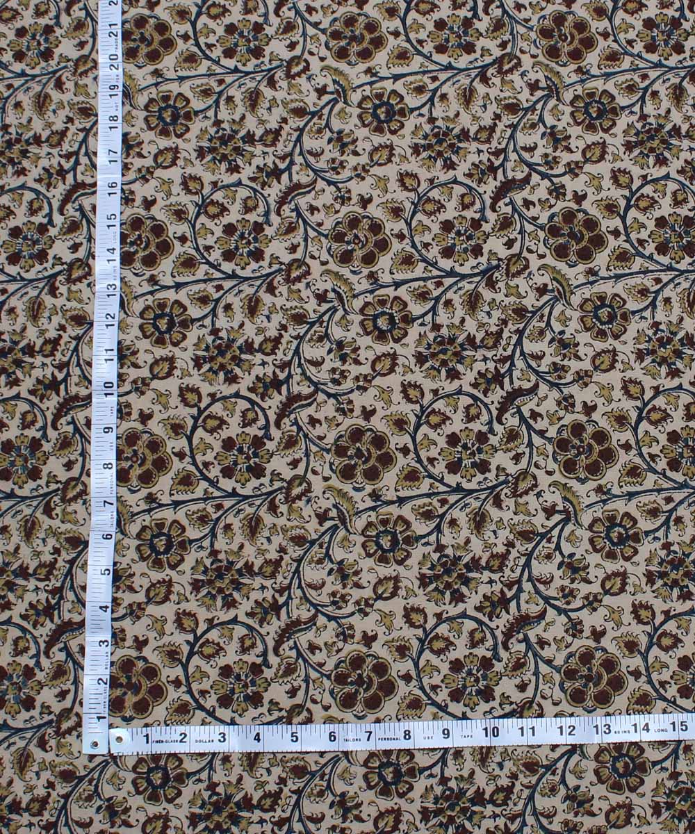 Beige brown handblock printed cotton kalamkari fabric