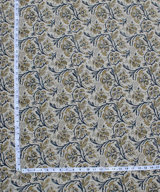 Beige yellow handblock printed cotton kalamkari fabric